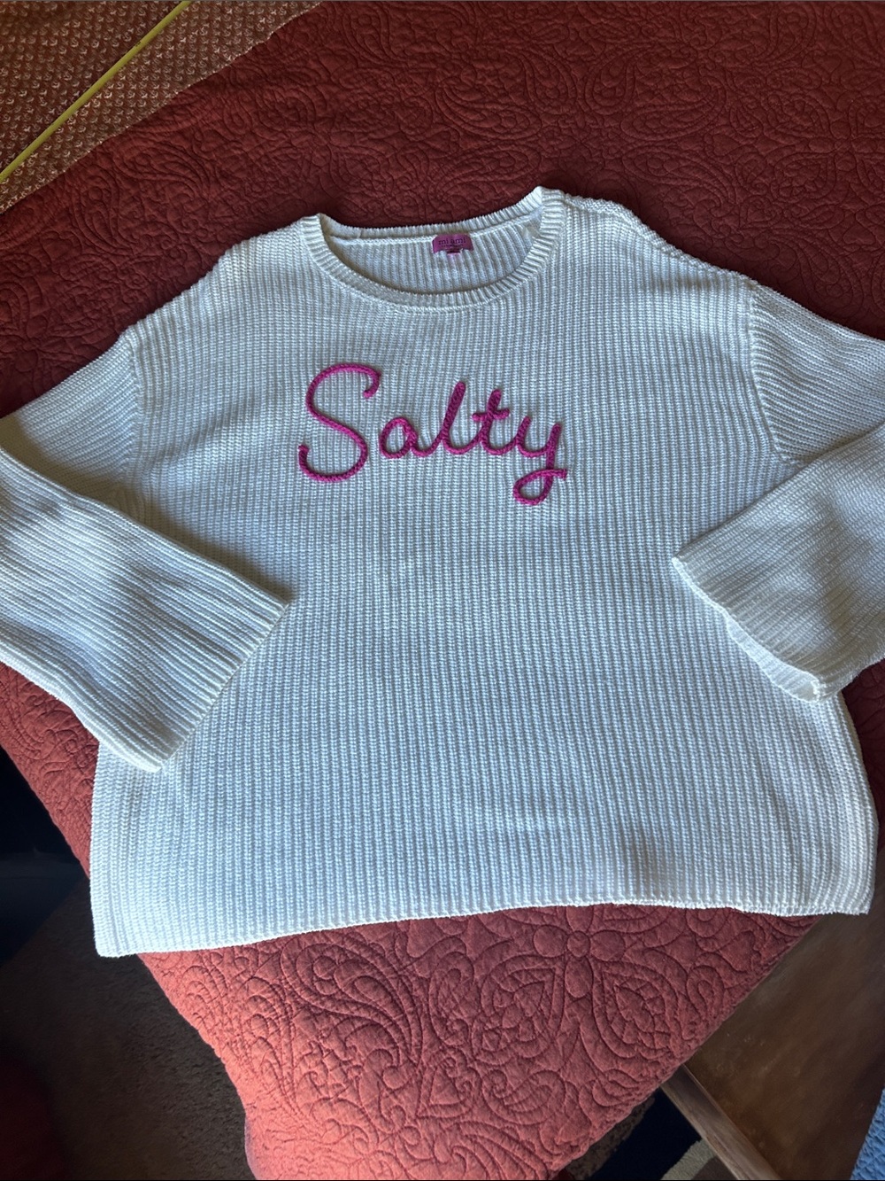 Francesca's Collections White Crewneck Sweater with Pink 'Salty' Script